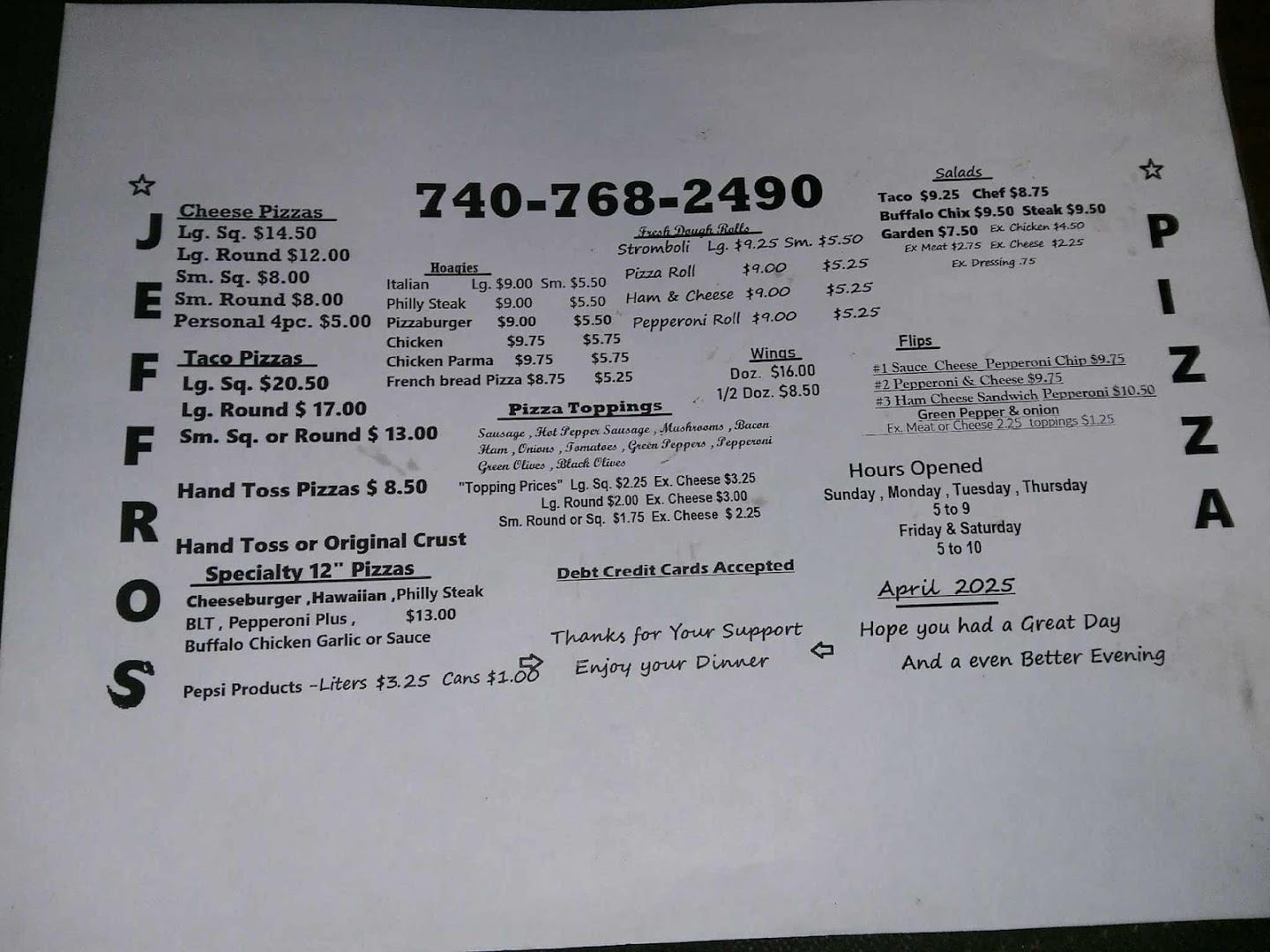 Jeffro's Pizza Menu