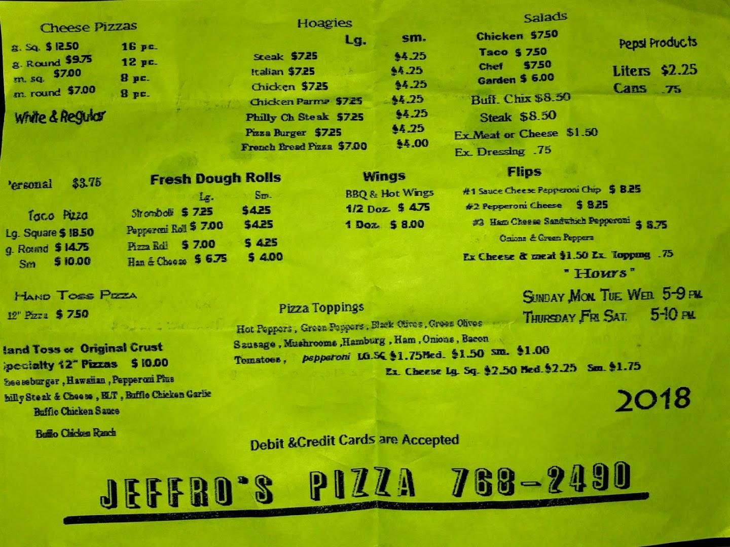 Jeffro's Pizza Menu